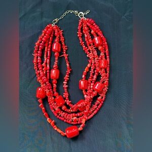 Vintage Chunky Red Coral Necklace Multi Strand Beaded 925 Sterling Silver Clasp